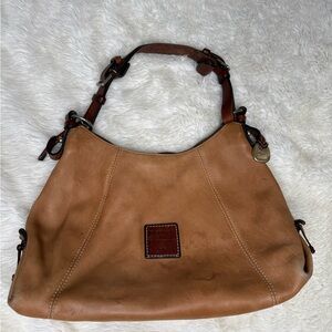 Vintage Dooney & Bourke East West Slouch Leather Shoulder Bag Camel Tan Hobo